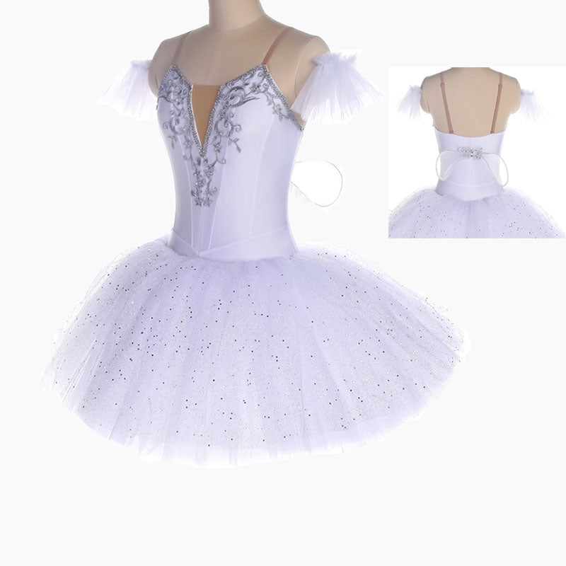 White Professional Ballet Tutu with Wings Silver Embellished Bodice, Sparkly Tulle Short Skirt Swan Lake Performance Costume