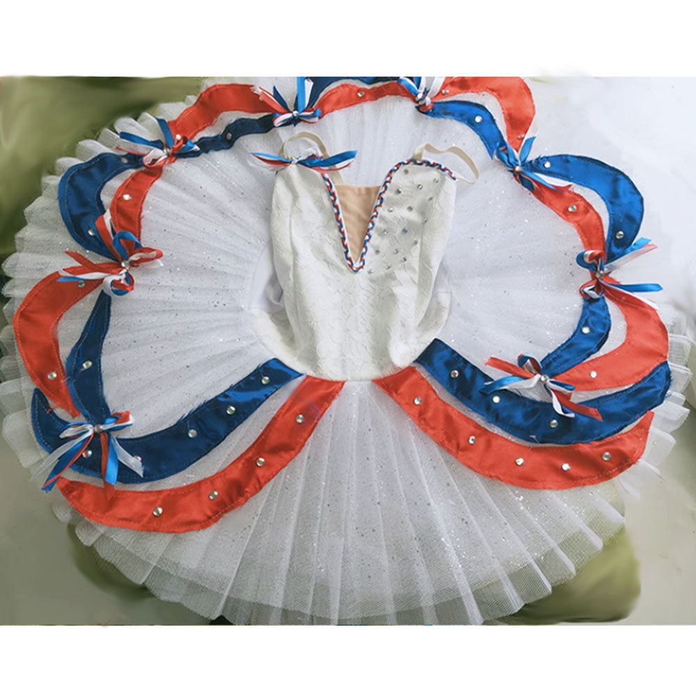 Customized Girl Flames Of Paris Ballet Costumes White Tutu For Competition Performance, Blue Red Ribbons White Ballet Tutu Dress