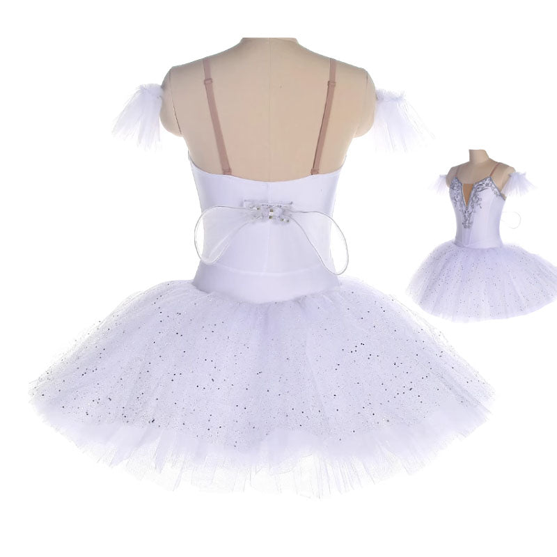 White Professional Ballet Tutu with Wings Silver Embellished Bodice, Sparkly Tulle Short Skirt Swan Lake Performance Costume