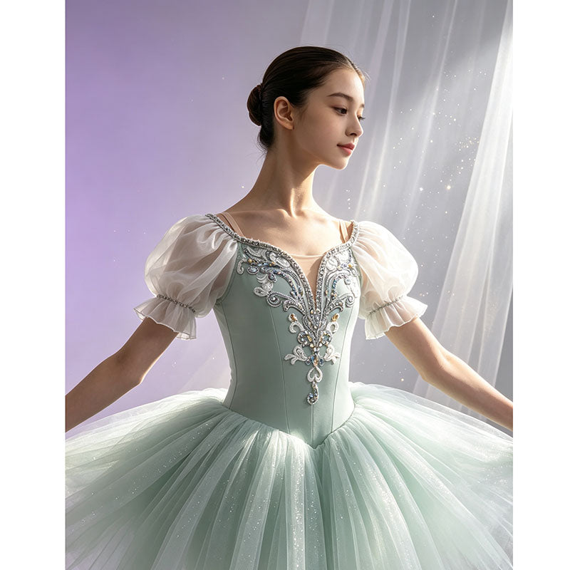 Light Green Romantic Long Ballet Dress With Sparkling Embroidery Rhinestone Green Fairy Ballet Costume