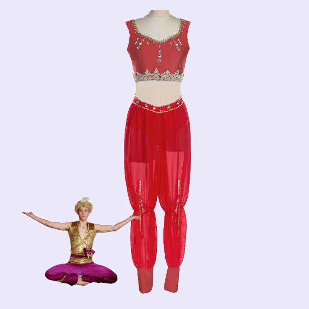 Red Or Purple Or Blue Arabian Ballet Costumes,Short Sleeves Top And Chiffon Pants Latin Arabic Dance Clothes For Performance