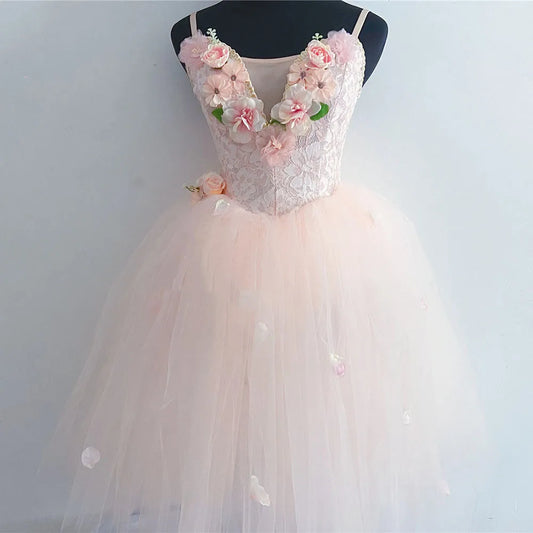 Ballerina Competition Outfit Pink Tulle Tutu With Floral Accessories For Women Or Girls' Dancers