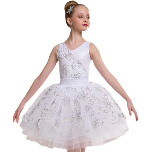 Children'S White Ballet Dance Dress, Top And Skirt Paired With Shiny Silver Silk Decoration