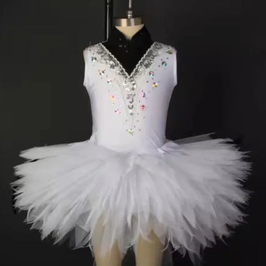 Children's White Bird Ballet Skirt With Short Front And Long Back Hem