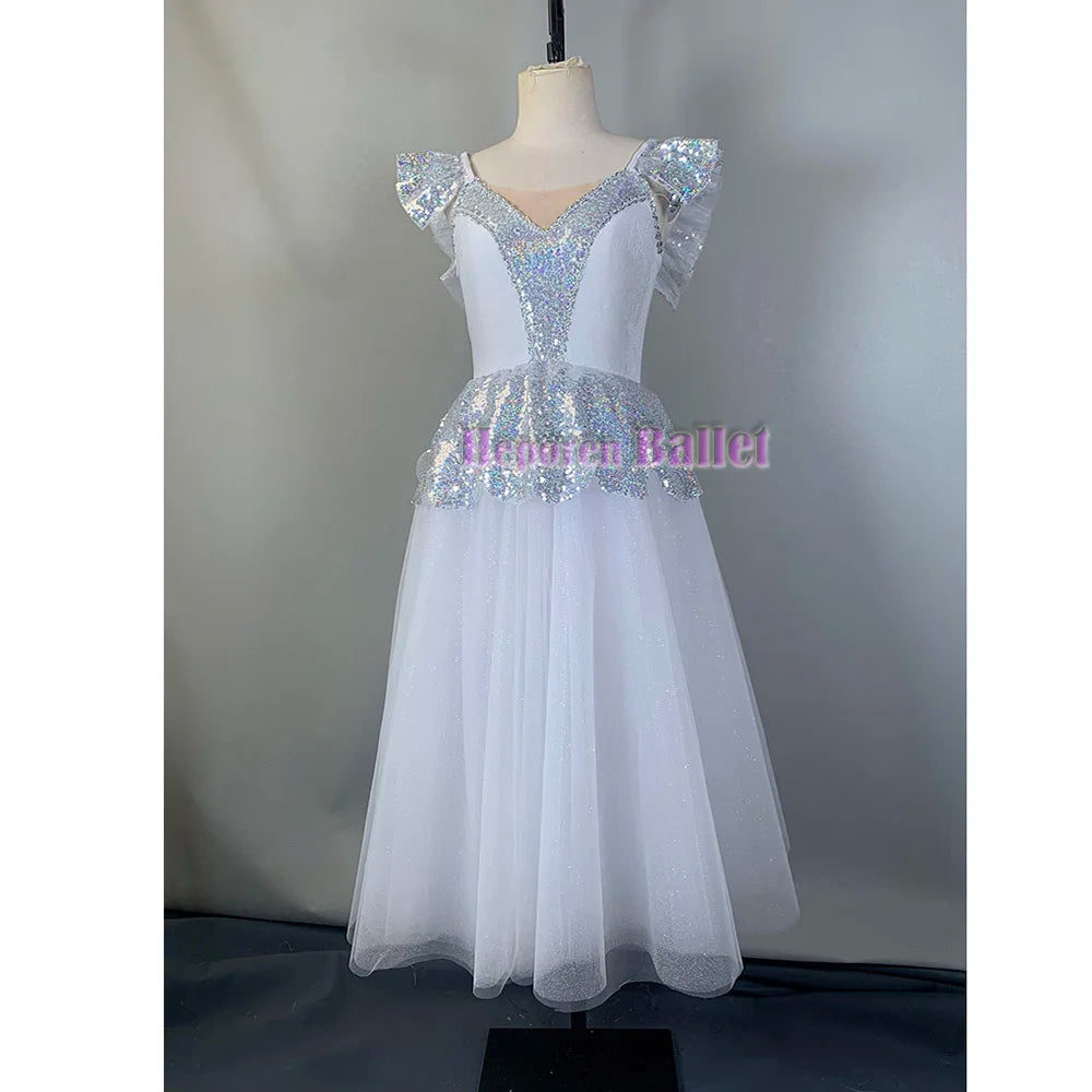 Custom Made Glitter Snow Long Romantic Ballet Dress With Petal Hem,Bailarina White Party Ballet Dance Costumes Retail Wholesale