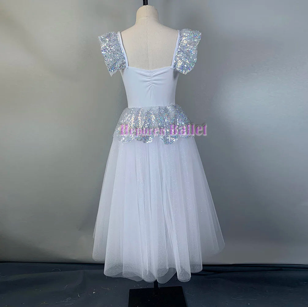 Custom Made Glitter Snow Long Romantic Ballet Dress With Petal Hem,Bailarina White Party Ballet Dance Costumes Retail Wholesale