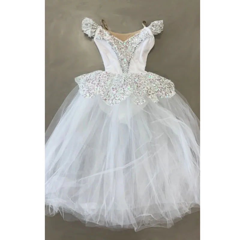 Custom Made Glitter Snow Long Romantic Ballet Dress With Petal Hem,Bailarina White Party Ballet Dance Costumes Retail Wholesale