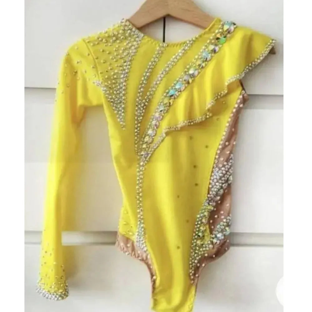 Custom Made Yellow Single Sleeve Rhythmic Gymnastics Jumpsuit,One Sleeve Outfits Crystal Rhinestones Ballet Costumes Drop Ship