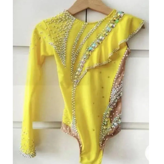 Custom Made Yellow Single Sleeve Rhythmic Gymnastics Jumpsuit,One Sleeve Outfits Crystal Rhinestones Ballet Costumes Drop Ship