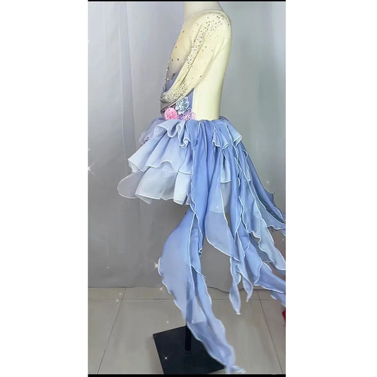 Customized Ballet Dress With Flowers Long Fish Tail Design,Modren Dance Costumes Performance Irregular Hem Dress