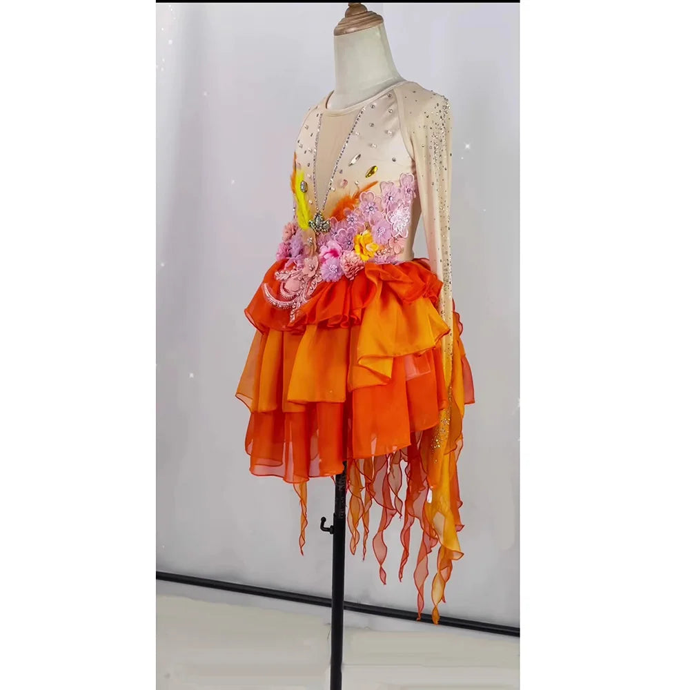 Customized Ballet Dress With Flowers Long Fish Tail Design,Modren Dance Costumes Performance Irregular Hem Dress