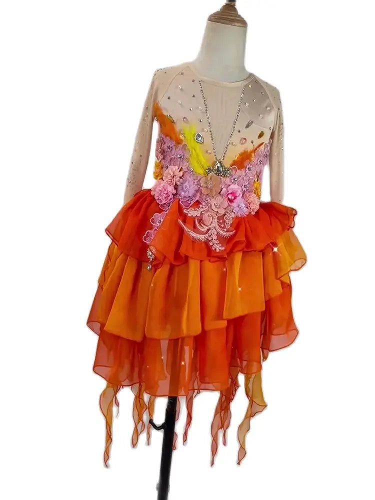 Customized Ballet Dress With Flowers Long Fish Tail Design,Modren Dance Costumes Performance Irregular Hem Dress