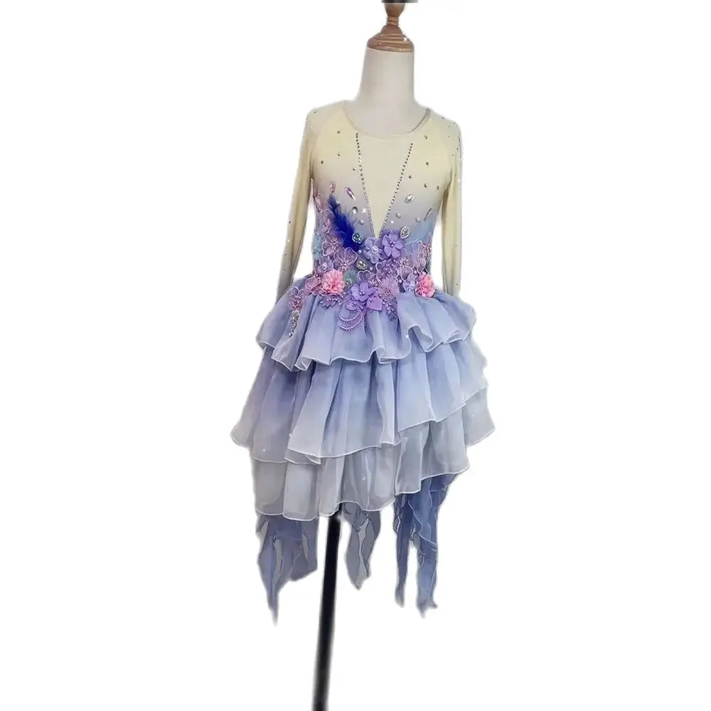 Customized Ballet Dress With Flowers Long Fish Tail Design,Modren Dance Costumes Performance Irregular Hem Dress