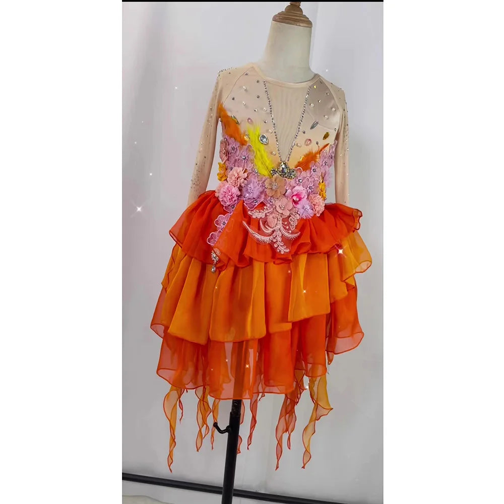 Customized Ballet Dress With Flowers Long Fish Tail Design,Modren Dance Costumes Performance Irregular Hem Dress