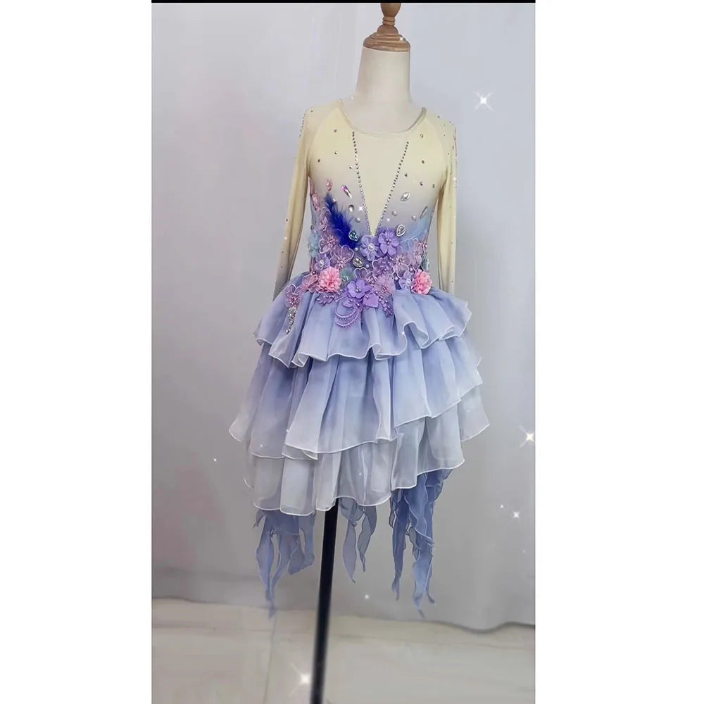 Customized Ballet Dress With Flowers Long Fish Tail Design,Modren Dance Costumes Performance Irregular Hem Dress