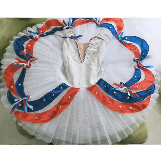 Customized Girl Ballet Costumes White Tutu Paris Flame Competition Performance, Blue Red Ribbons White Ballet Tutu Dress