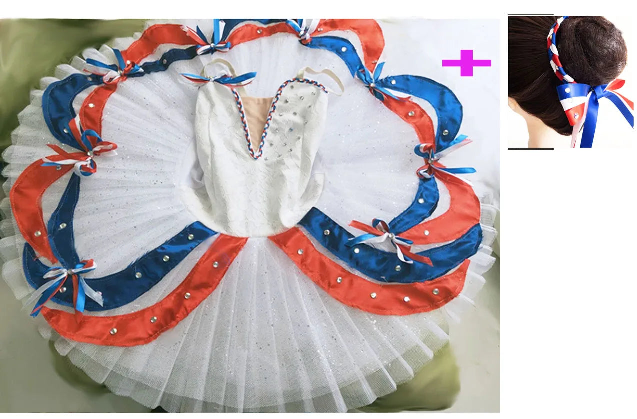 Customized Girl Ballet Costumes White Tutu Paris Flame Competition Performance, Blue Red Ribbons White Ballet Tutu Dress