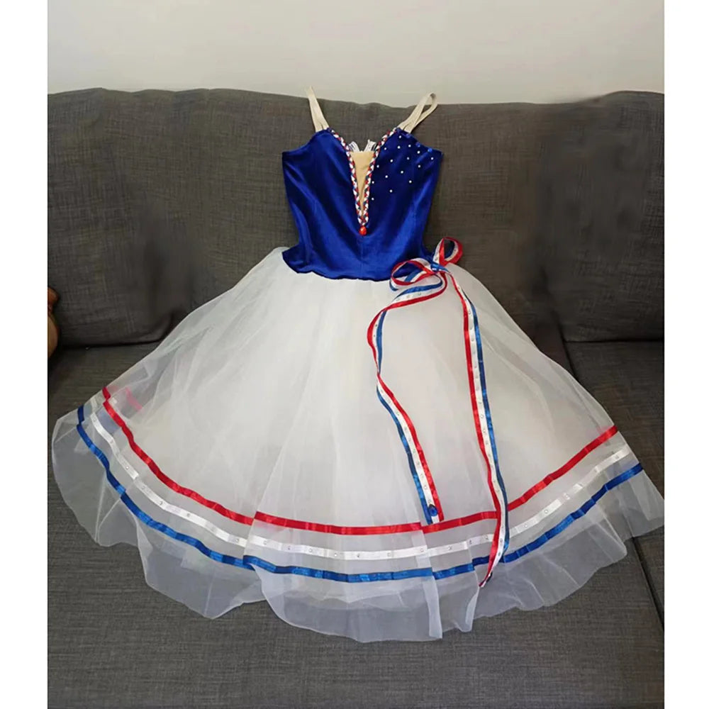 Customized Girl Ballet Romantic Dress Paris Flame Royal Blue Top White Tulle For Competition Performance Drop Ship