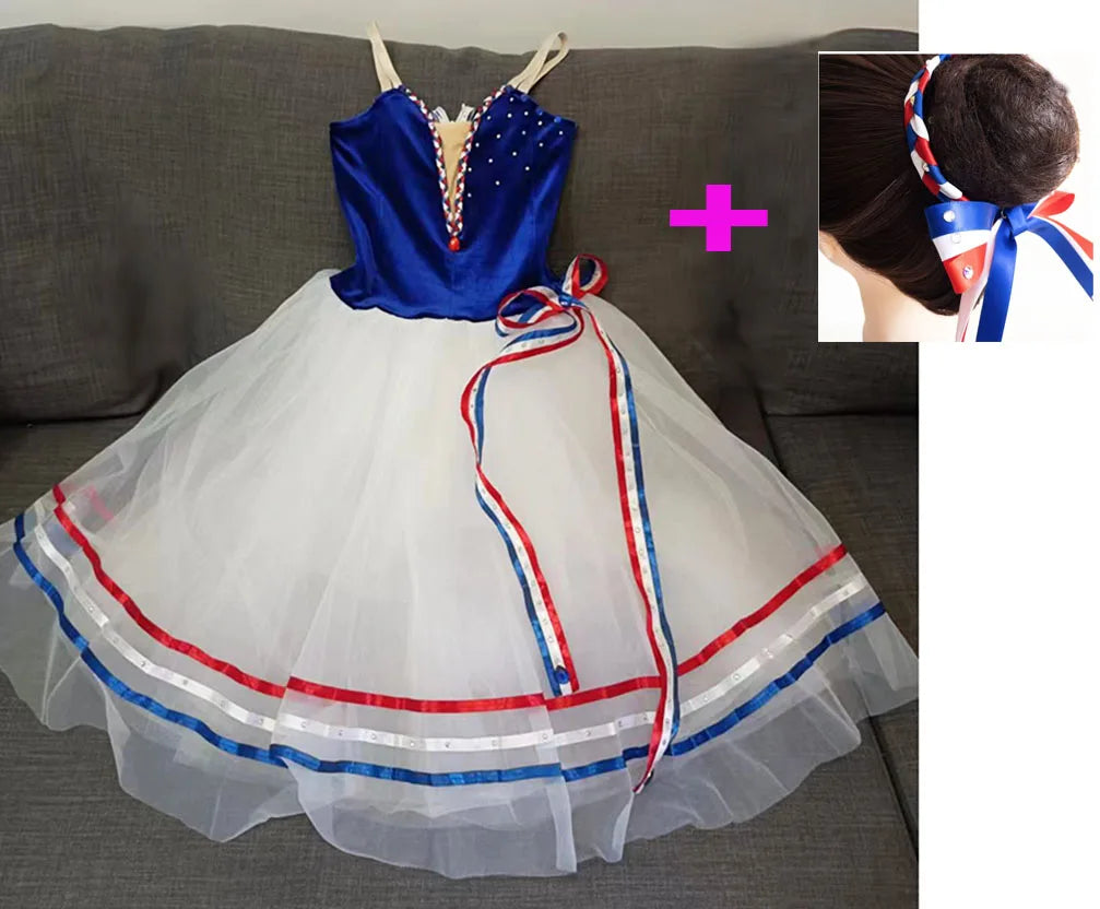 Customized Girl Ballet Romantic Dress Paris Flame Royal Blue Top White Tulle For Competition Performance Drop Ship