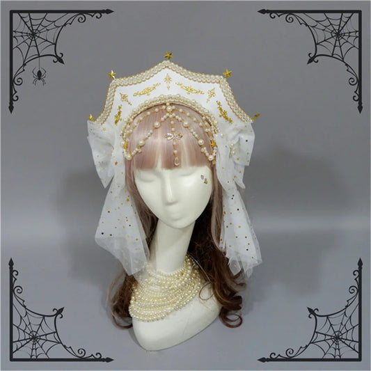 Customized Gothic Crown Headpiece Lolita Style Palace Retro Gorgeous Bead Chain Hair Headband