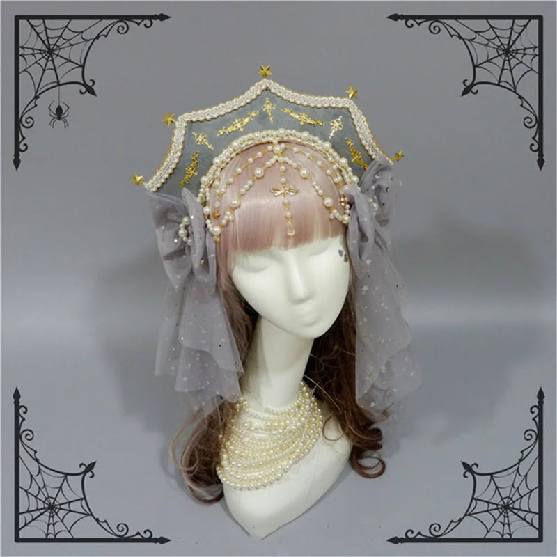 Customized Gothic Crown Headpiece Lolita Style Palace Retro Gorgeous Bead Chain Hair Headband