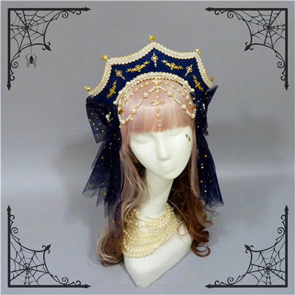 Customized Gothic Crown Headpiece Lolita Style Palace Retro Gorgeous Bead Chain Hair Headband