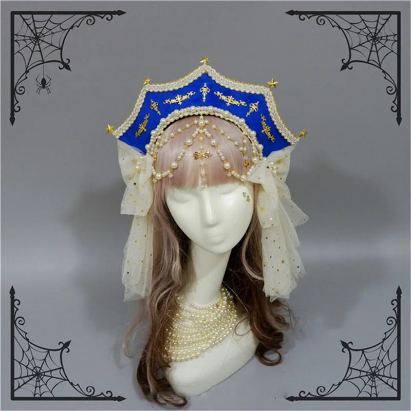 Customized Gothic Crown Headpiece Lolita Style Palace Retro Gorgeous Bead Chain Hair Headband