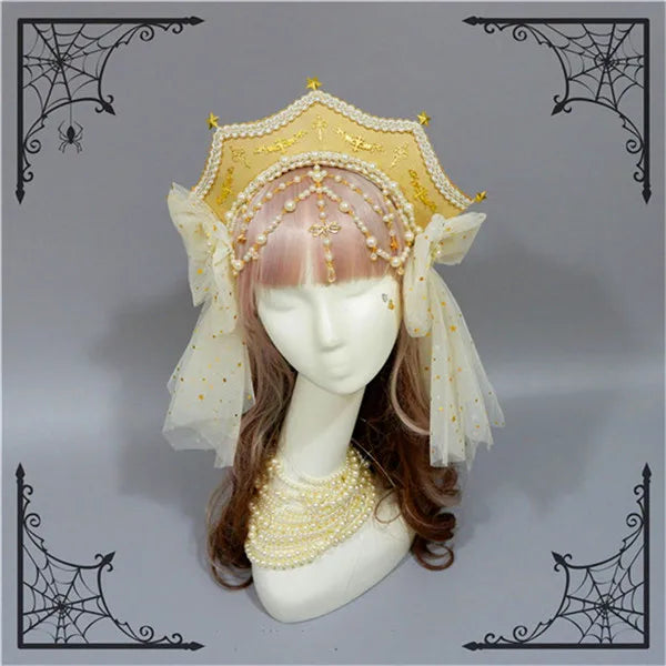 Customized Gothic Crown Headpiece Lolita Style Palace Retro Gorgeous Bead Chain Hair Headband