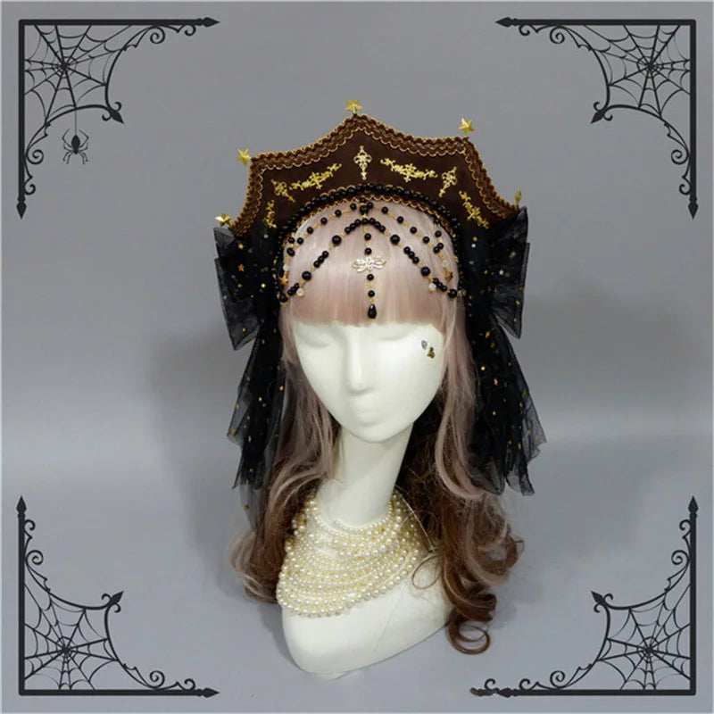 Customized Gothic Crown Headpiece Lolita Style Palace Retro Gorgeous Bead Chain Hair Headband