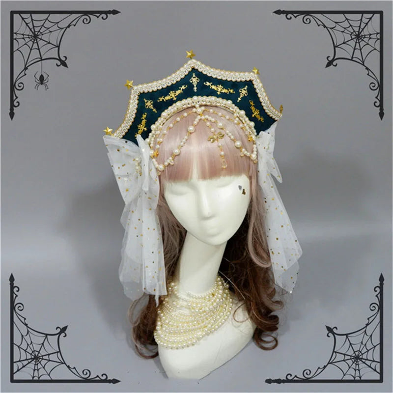 Customized Gothic Crown Headpiece Lolita Style Palace Retro Gorgeous Bead Chain Hair Headband