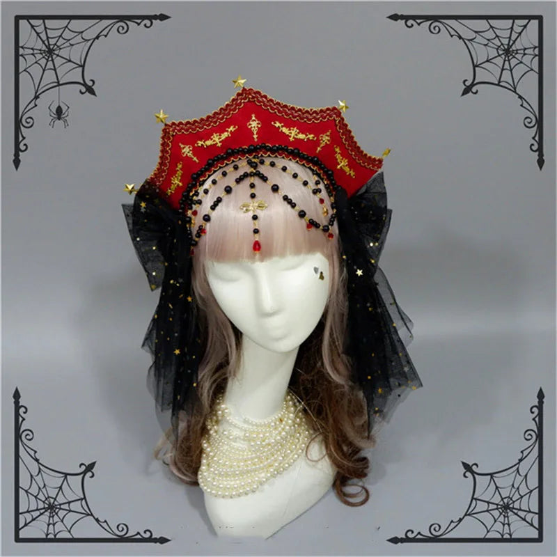 Customized Gothic Crown Headpiece Lolita Style Palace Retro Gorgeous Bead Chain Hair Headband