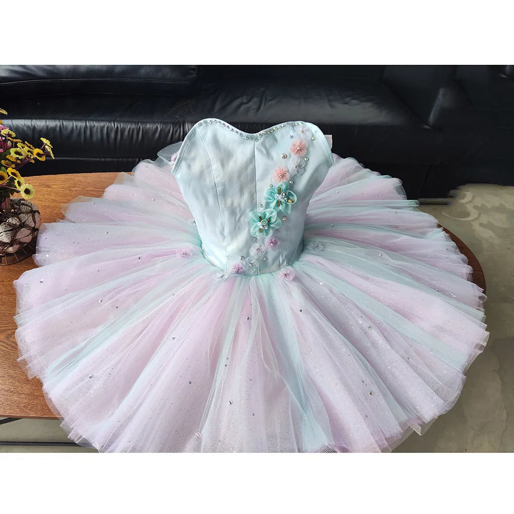 Customized Light Green Pink Ballet Tutus With Cute Floral Embellishments And Flower Fairy Balet