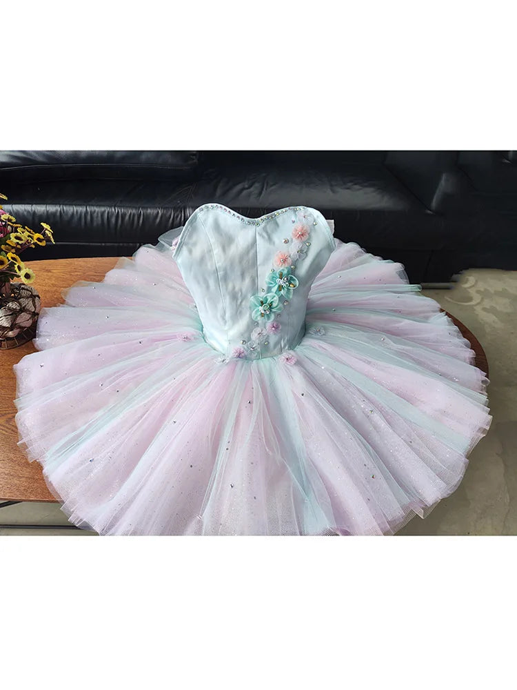 Customized Light Green Pink Ballet Tutus With Cute Floral Embellishments And Flower Fairy Balet