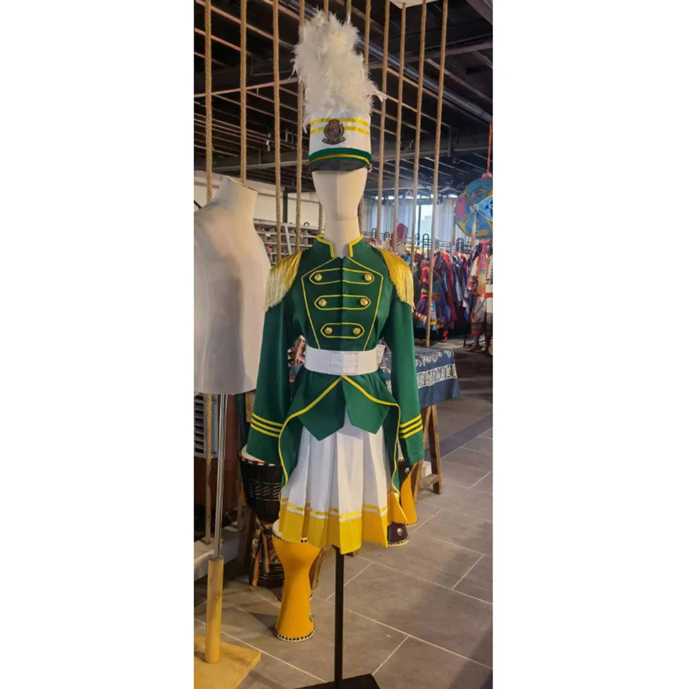 Customized Woman Unique and Stylish Marching Band Uniform,Green Yellow Military Band Coat Skirt With Hat Shell Command Suit