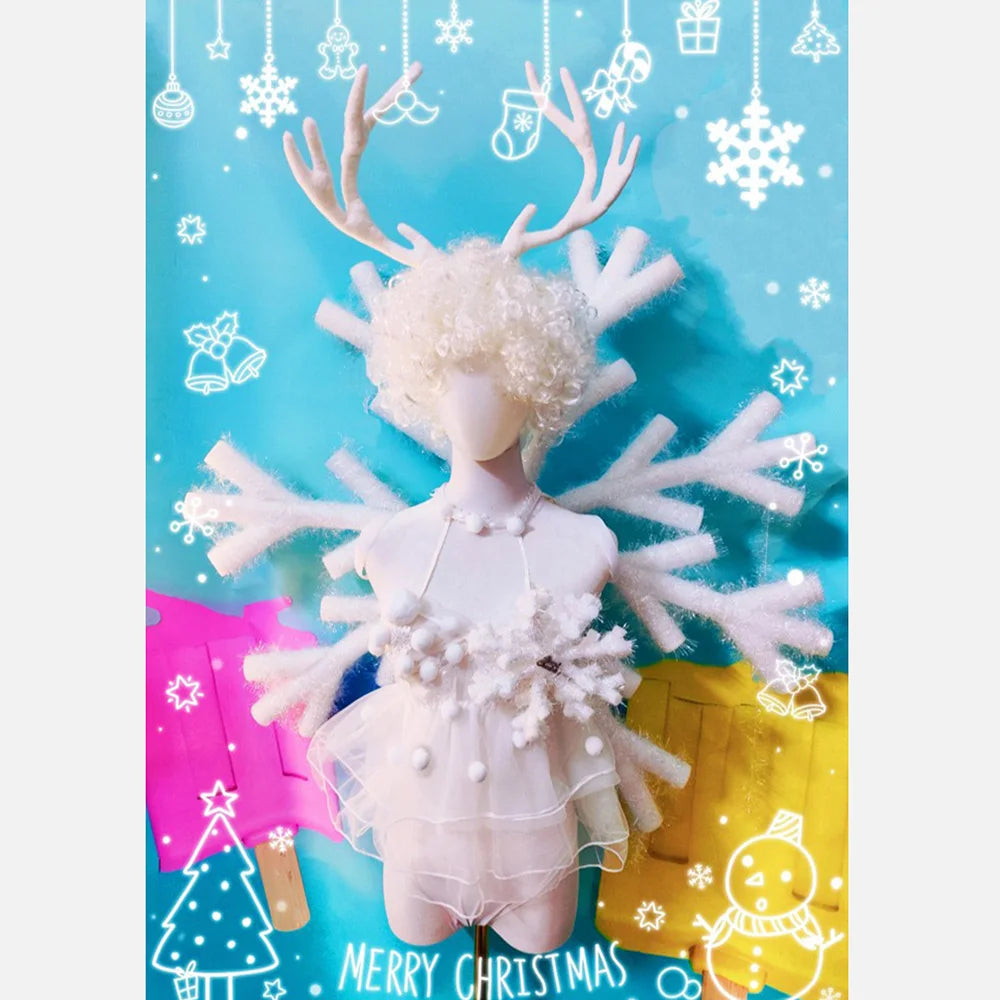 Cute White Deer Horn Snowflake Tour Performance Costume For Christmas Including Headwear, Clothing, Skirts, Wings