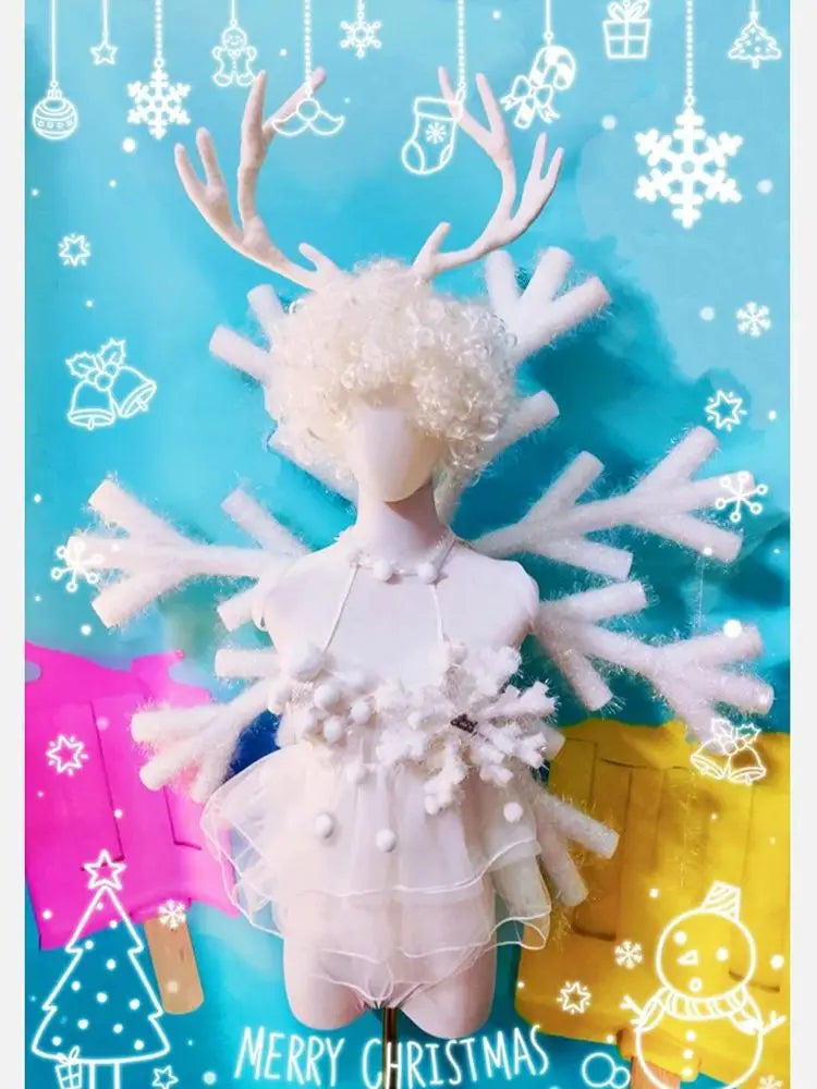 Cute White Deer Horn Snowflake Tour Performance Costume For Christmas Including Headwear, Clothing, Skirts, Wings