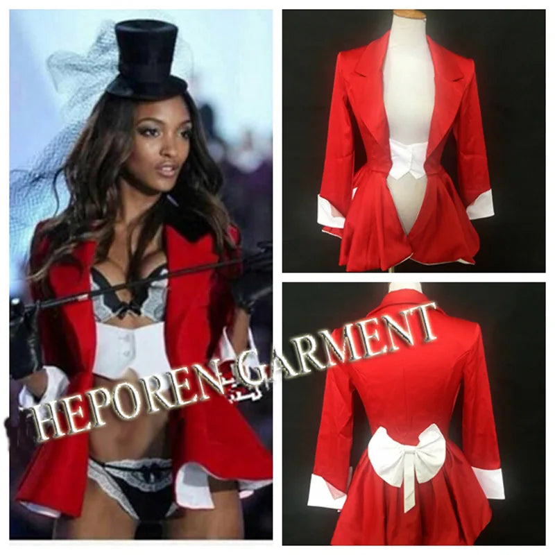 Dancer Party  Red Suit Dress Coat One Piece Super Model Fashion Show,Christmas Performance Costumes Secret Suit  With Bowknot