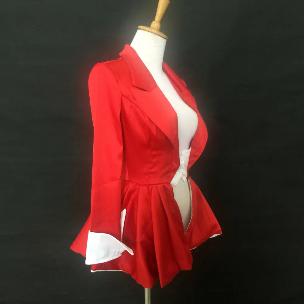 Dancer Party  Red Suit Dress Coat One Piece Super Model Fashion Show,Christmas Performance Costumes Secret Suit  With Bowknot