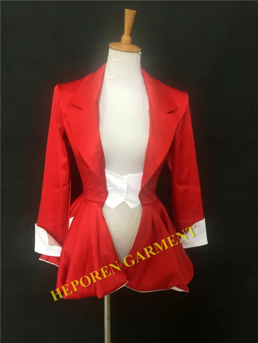 Dancer Party  Red Suit Dress Coat One Piece Super Model Fashion Show,Christmas Performance Costumes Secret Suit  With Bowknot