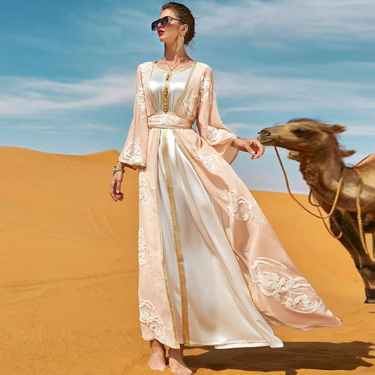 Dubai Two-piece Dress And Long Coat Dress With Belt, Desert Tourism Apparel Middle East Arabian Gown