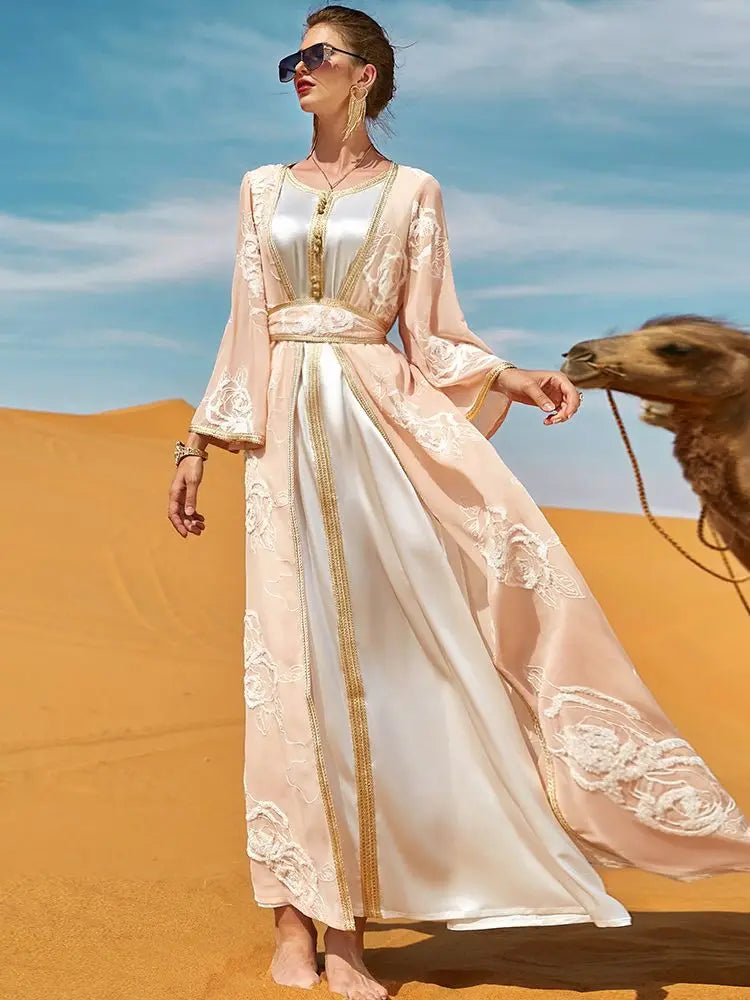 Dubai Two-piece Dress And Long Coat Dress With Belt, Desert Tourism Apparel Middle East Arabian Gown