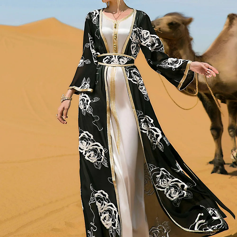 Dubai Two-piece Dress And Long Coat Dress With Belt, Desert Tourism Apparel Middle East Arabian Gown