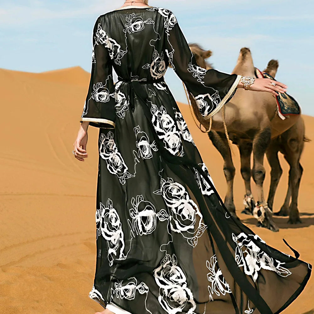 Dubai Two-piece Dress And Long Coat Dress With Belt, Desert Tourism Apparel Middle East Arabian Gown