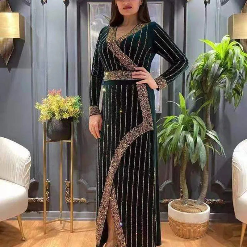 Elegant Rhinestones Stripe Pattern Muslim Robe Birthday Party Dress,Arab Wedding Long Dress Dubai Gulf Luxury Open Hem