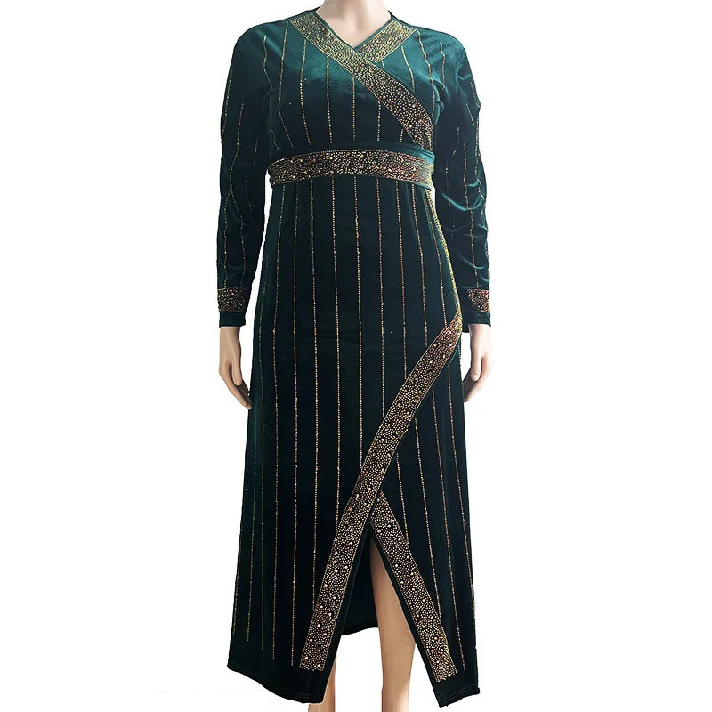 Elegant Rhinestones Stripe Pattern Muslim Robe Birthday Party Dress,Arab Wedding Long Dress Dubai Gulf Luxury Open Hem