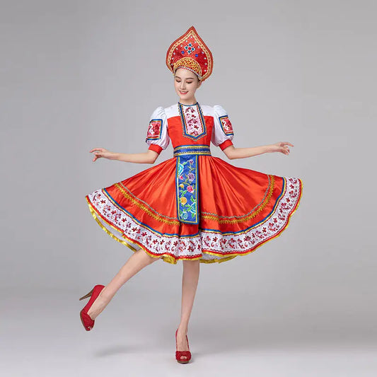 Ethnic Group Russia Red National Dance Dress With Headwear,Palace Princess European Performance Festival Party Dance Costume