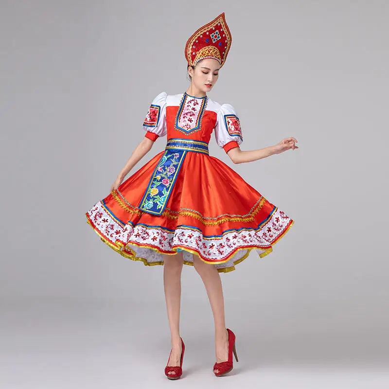 Ethnic Group Russia Red National Dance Dress With Headwear,Palace Princess European Performance Festival Party Dance Costume