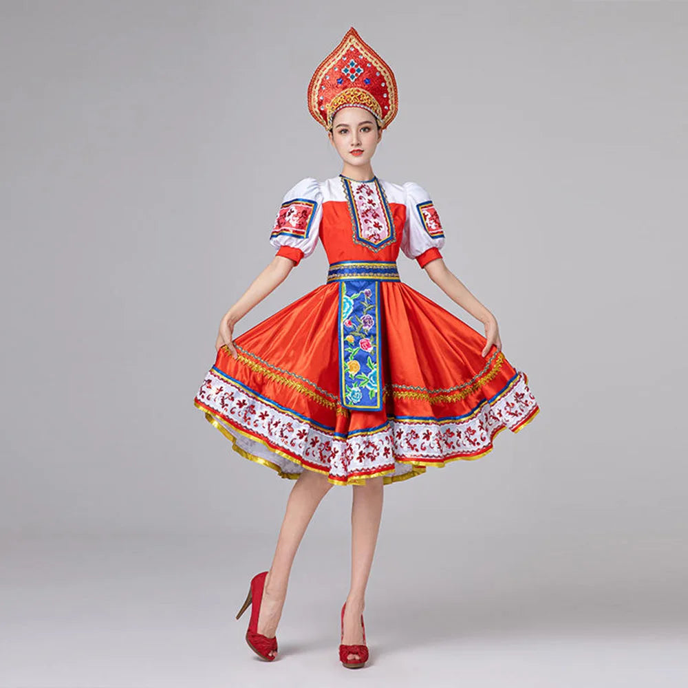 Ethnic Group Russia Red National Dance Dress With Headwear,Palace Princess European Performance Festival Party Dance Costume