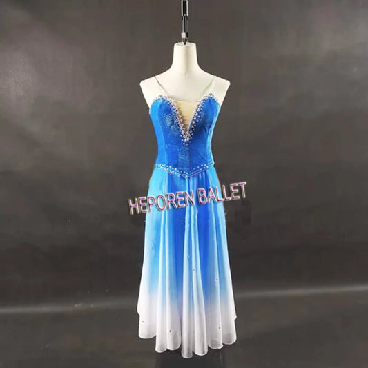 Female Adults or Children's Gradient Blue Ballet Long Dress,Sleeveless Romantic Balet Dresses For Performance Stage