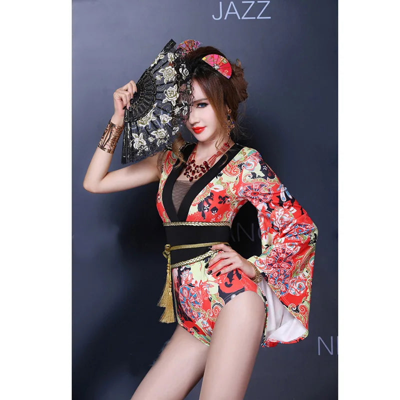 Female Geisha Bodysuit Sexy Club One-piece Bodycon Costumes, Women Flower Jumpsuits Okuni Clothes Single Big Sleeve